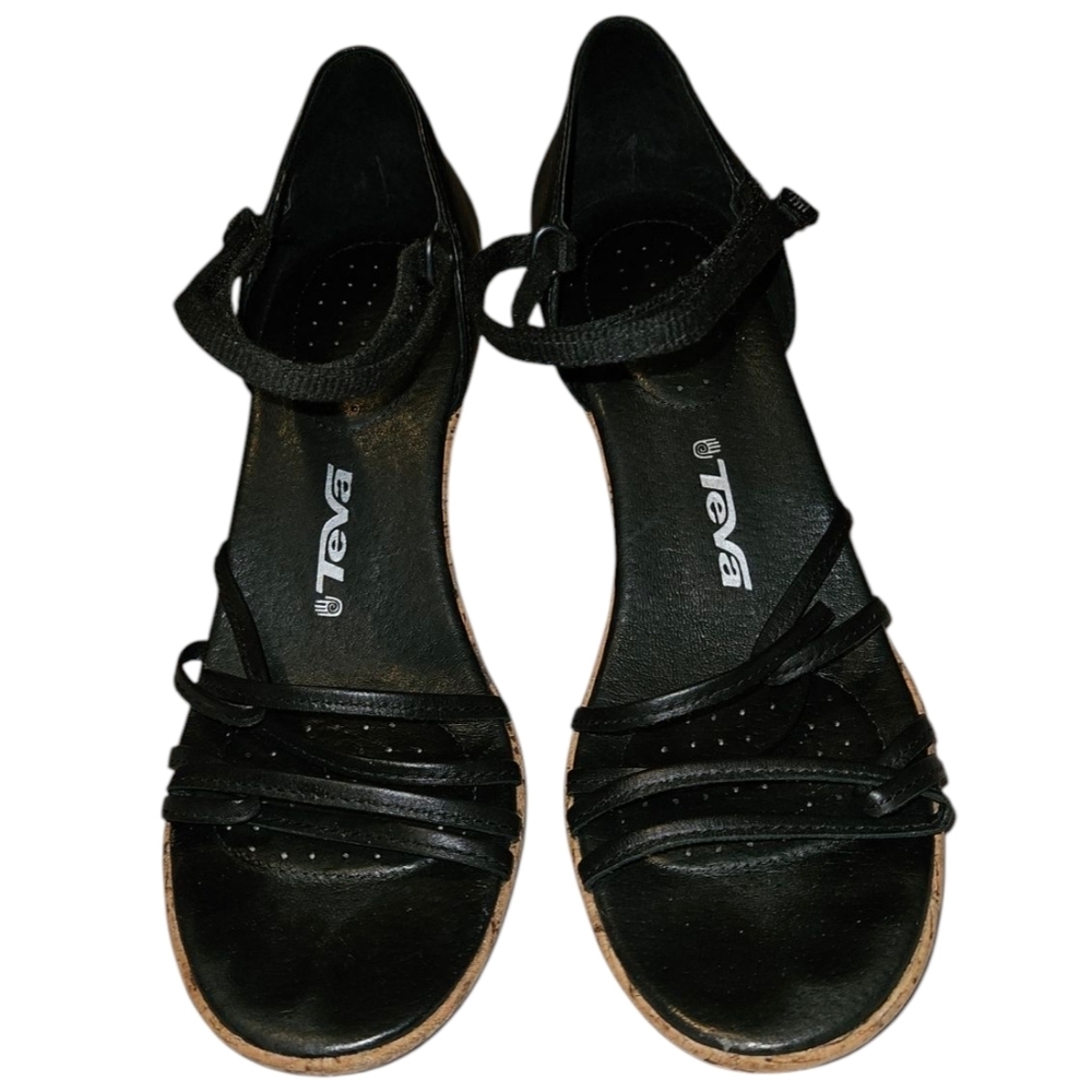 Teva Black Leather Wedge Sandals Women's Size 8